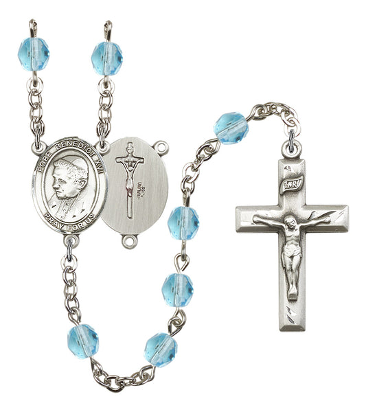 Pope Emeritace Benedict XVI Rosary, 6mm Fire Polished Aqua Beads, Silver Plate, # 15930