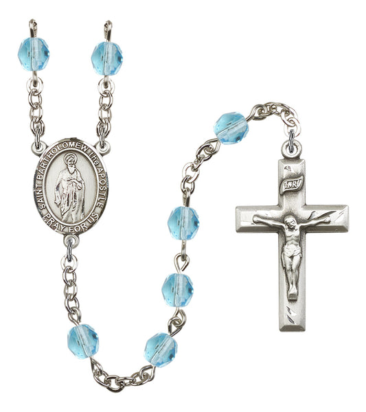 St. Bartholomew the Apostle Rosary, 6mm Fire Polished Aqua Beads, Silver Plate, # 15933