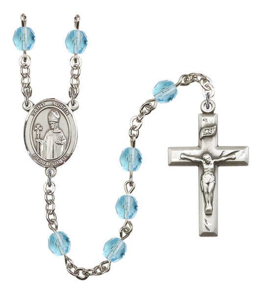 St. Austin Rosary, 6mm Fire Polished Aqua Beads, Silver Plate, # 15953