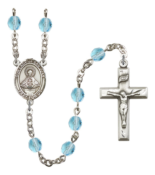Our Lady of San Juan Rosary, 6mm Fire Polished Aqua Beads, Silver Plate, # 15960
