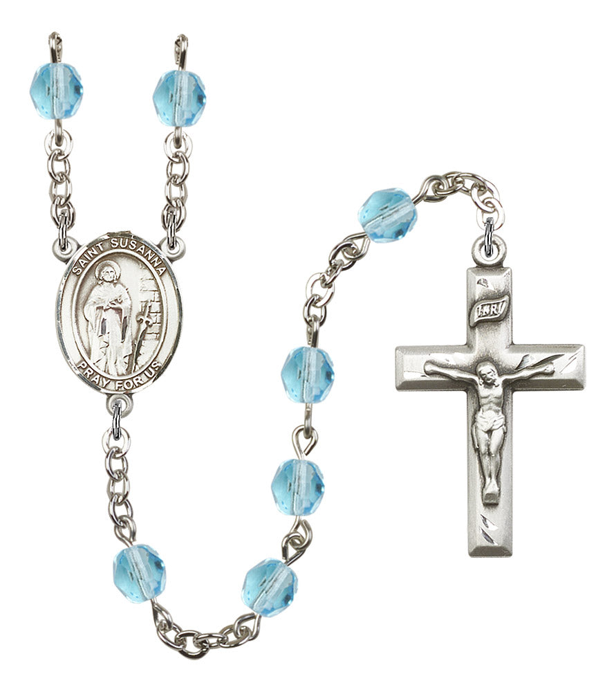 St. Susanna Rosary, 6mm Fire Polished Aqua Beads, Silver Plate, # 15977