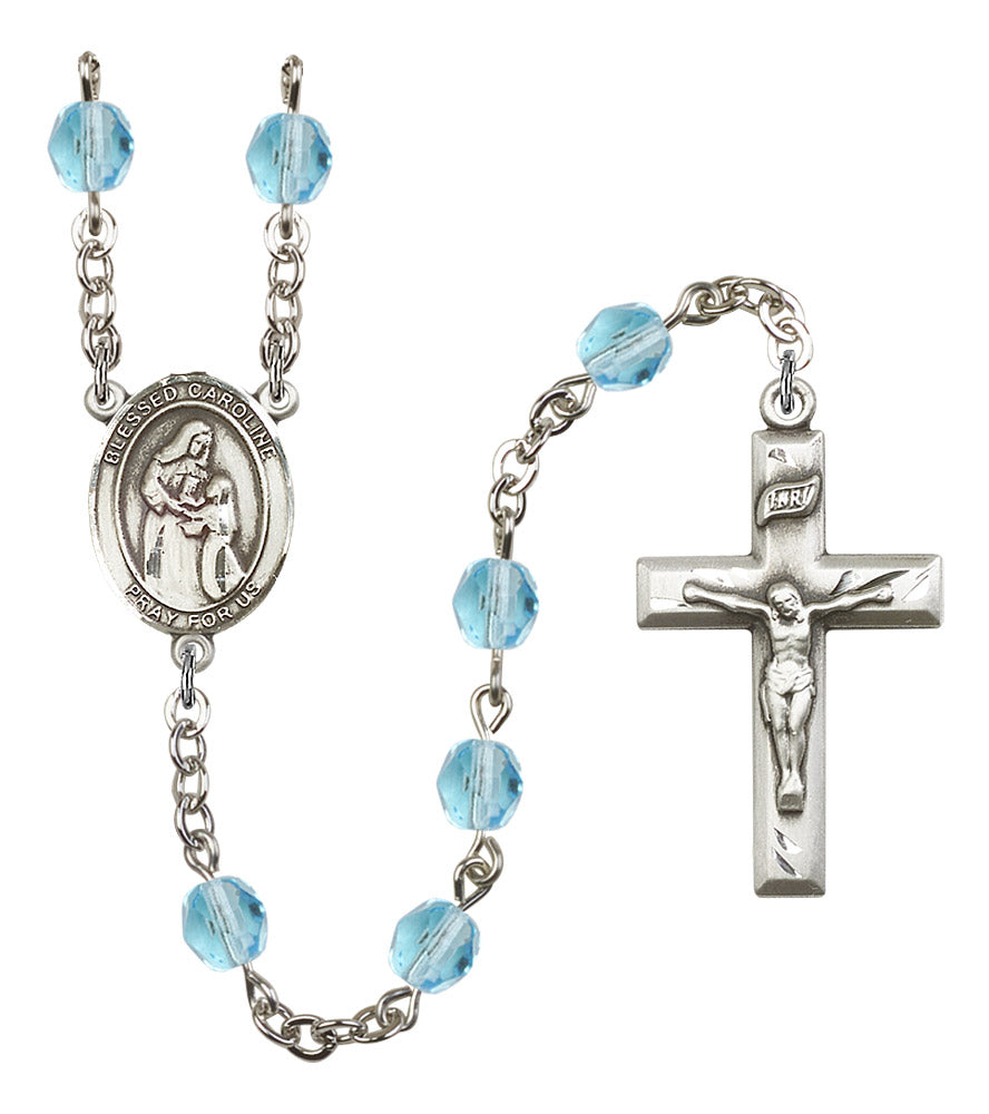 Blessed Caroline Gerhardinger Rosary, 6mm Fire Polished Aqua Beads, Silver Plate, # 15978
