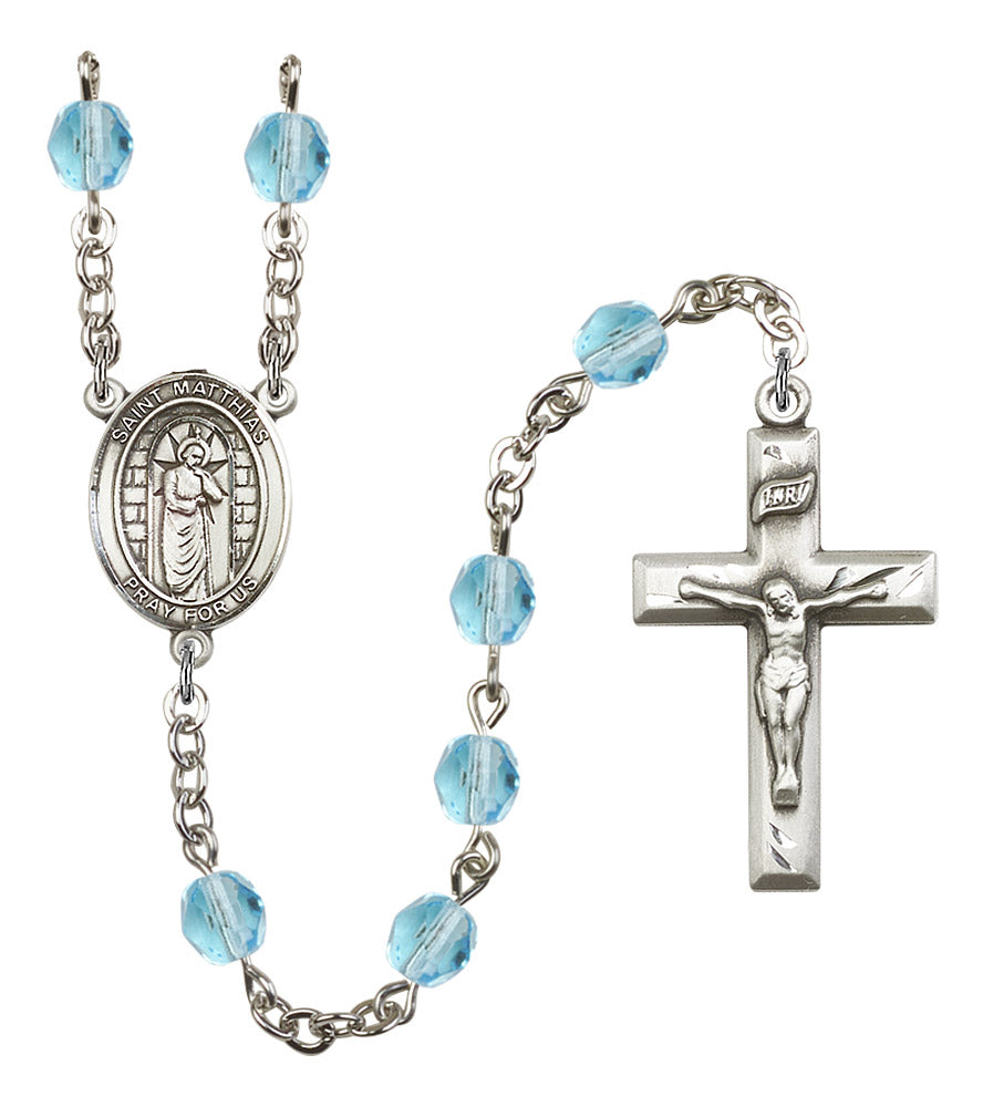 St. Matthias the Apostle Rosary, 6mm Fire Polished Aqua Beads, Silver Plate, # 16033