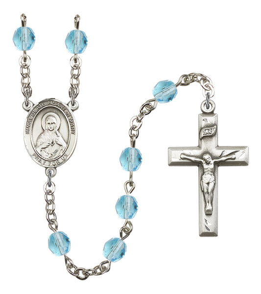 Immaculate Heart of Mary Rosary, 6mm Fire Polished Aqua Beads, Silver Plate, # 16039