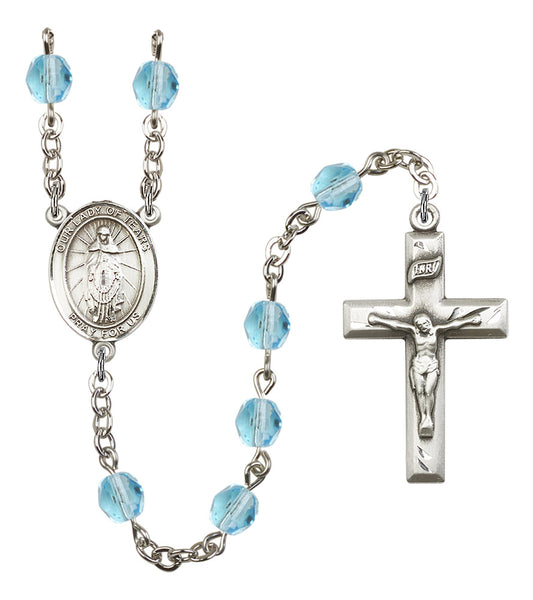 Our Lady of Tears Rosary, 6mm Fire Polished Aqua Beads, Silver Plate, # 16049