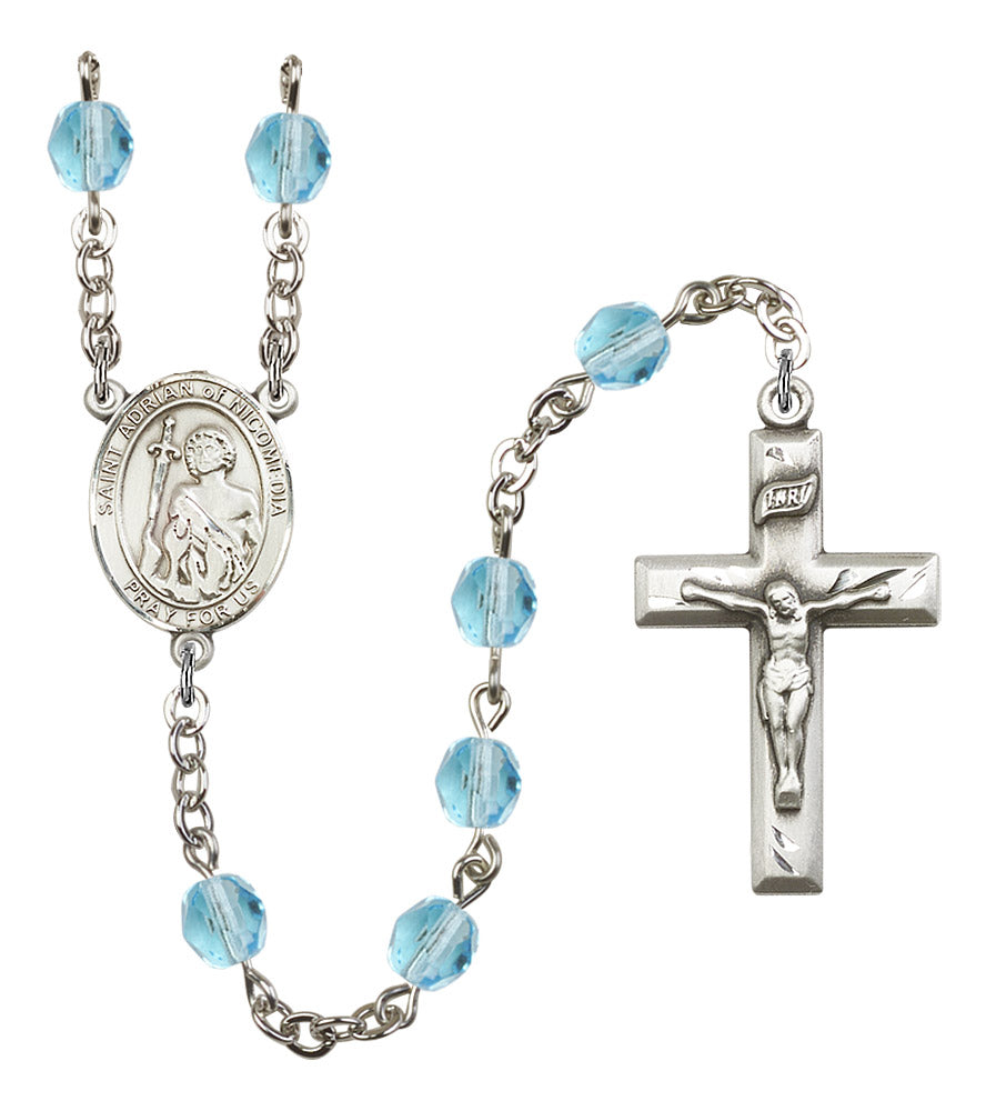 St. Adrian of Nicomedia Rosary, 6mm Fire Polished Aqua Beads, Silver Plate, # 16056