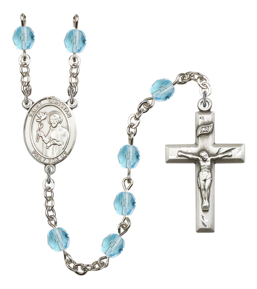 St. Dunstan Rosary, 6mm Fire Polished Aqua Beads, Silver Plate, # 16058