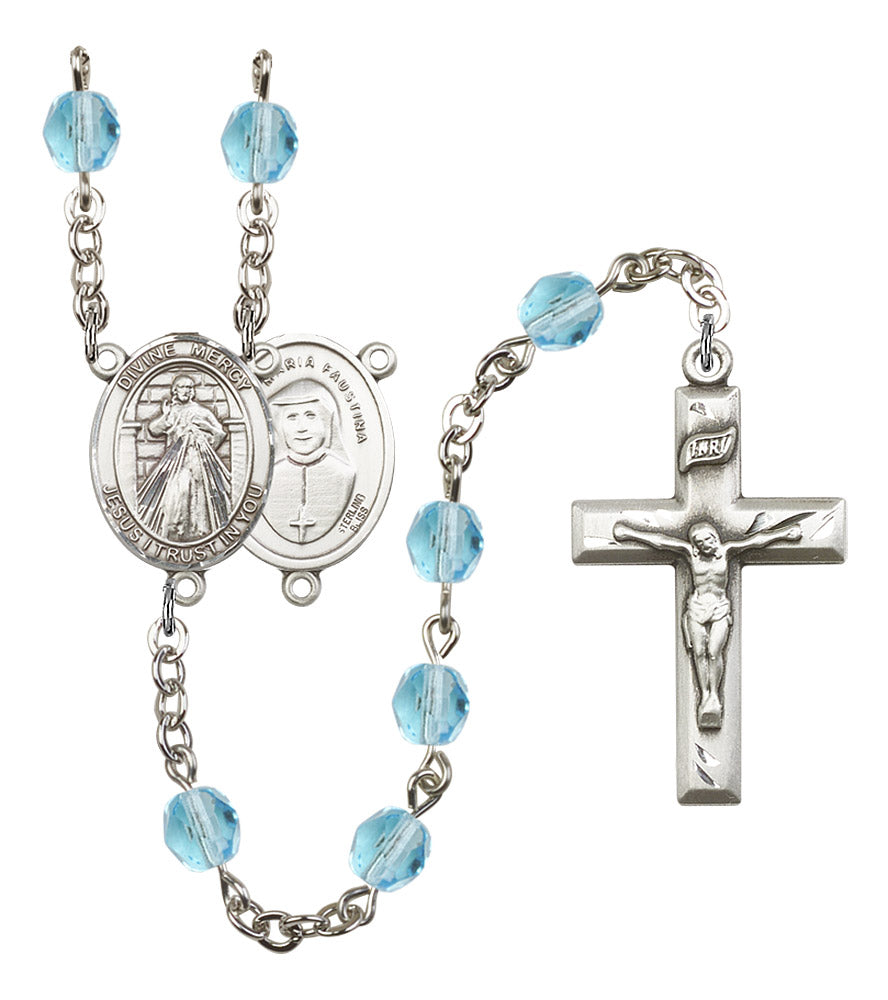 Divine Mercy Rosary, 6mm Fire Polished Aqua Beads, Silver Plate, # 16069