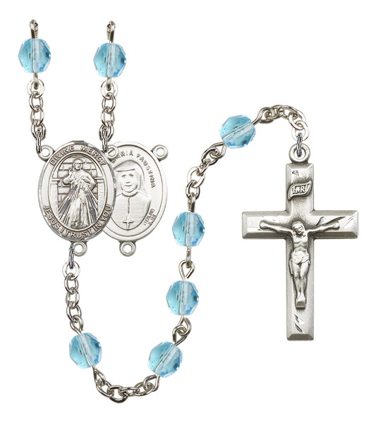 Divine Mercy Rosary, 6mm Fire Polished Aqua Beads, Silver Plate, # 16069