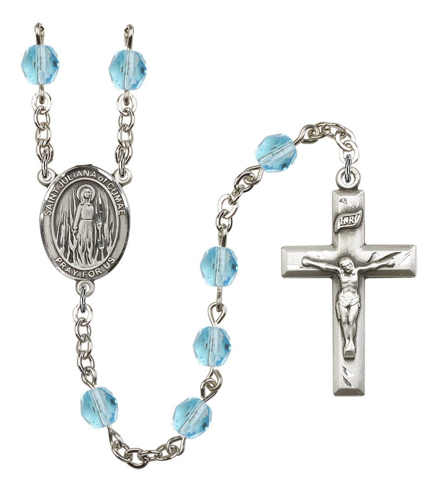 St. Juliana of Cumae Rosary, 6mm Fire Polished Aqua Beads, Silver Plate, # 16076