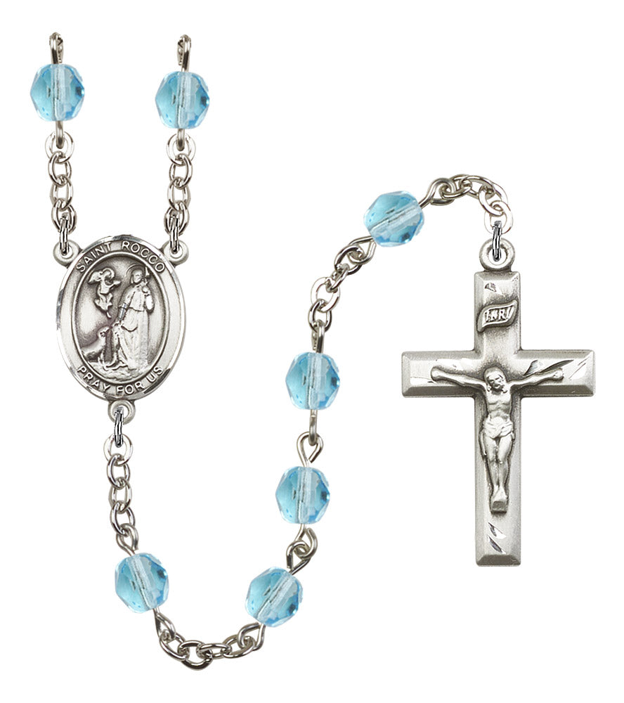 St. Rocco Rosary, 6mm Fire Polished Aqua Beads, Silver Plate, # 16081