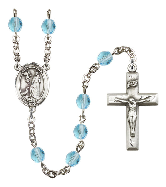 St. Rocco Rosary, 6mm Fire Polished Aqua Beads, Silver Plate, # 16081