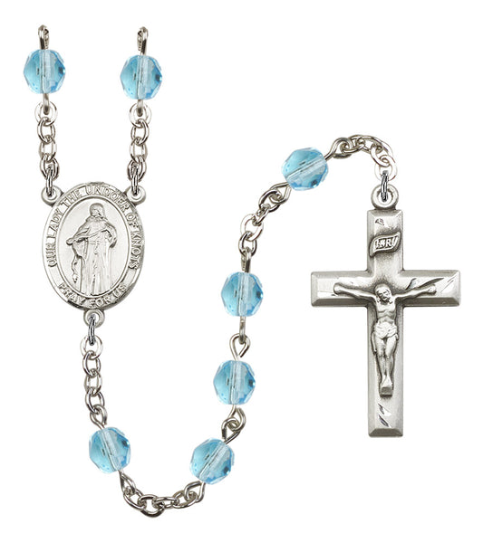 Our Lady Undoer of Knots Rosary, 6mm Fire Polished Aqua Beads, Silver Plate, # 16087