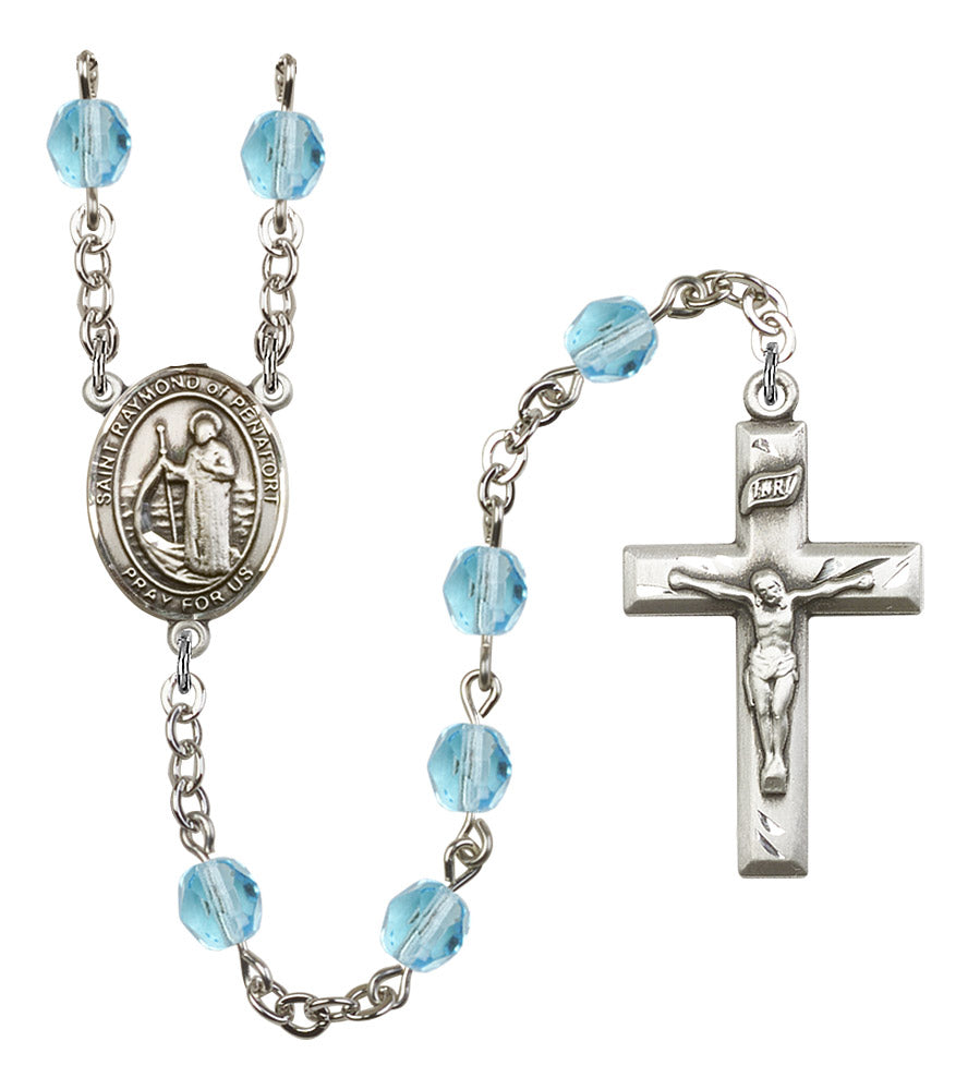 St. Raymond of Penafort Rosary, 6mm Fire Polished Aqua Beads, Silver Plate, # 16089