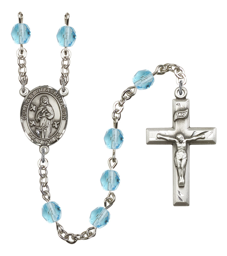 Our Lady of the Assumption Rosary, 6mm Fire Polished Aqua Beads, Silver Plate, # 16092