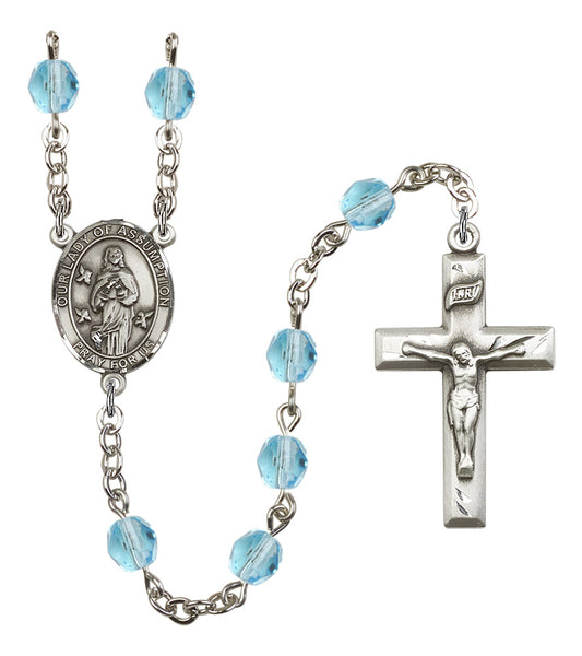 Our Lady of the Assumption Rosary, 6mm Fire Polished Aqua Beads, Silver Plate, # 16092
