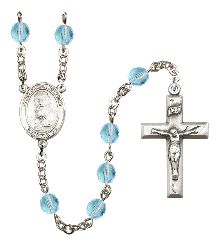 St. Daniel Comboni Rosary, 6mm Fire Polished Aqua Beads, Silver Plate, # 16103