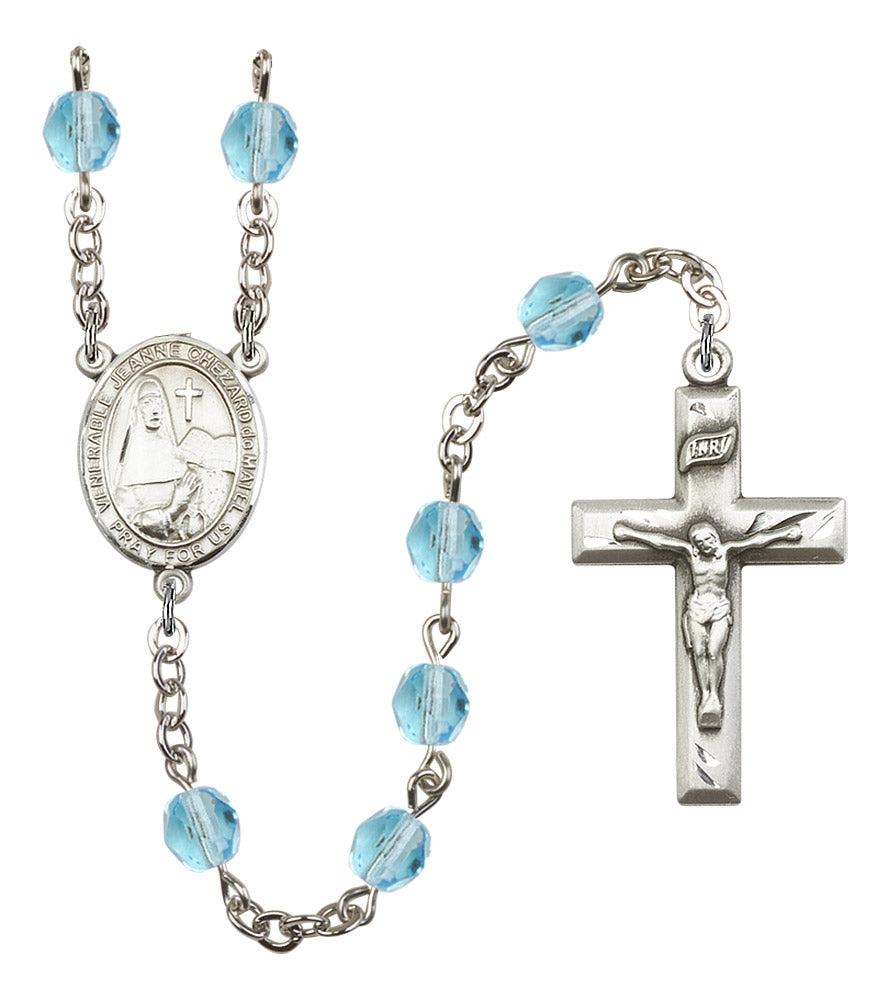 St. Jeanne Chezard de Matel Rosary, 6mm Fire Polished Aqua Beads, Silver Plate, # 16104
