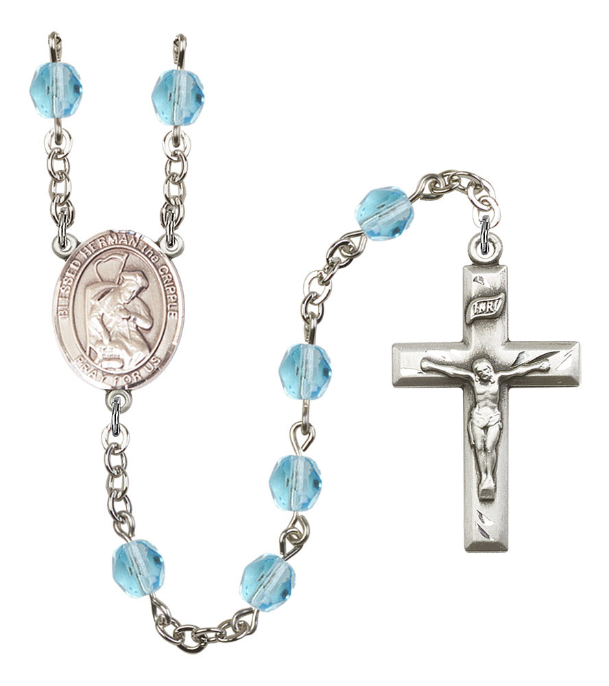 Blessed Herman the Cripple Rosary, 6mm Fire Polished Aqua Beads, Silver Plate, # 16107