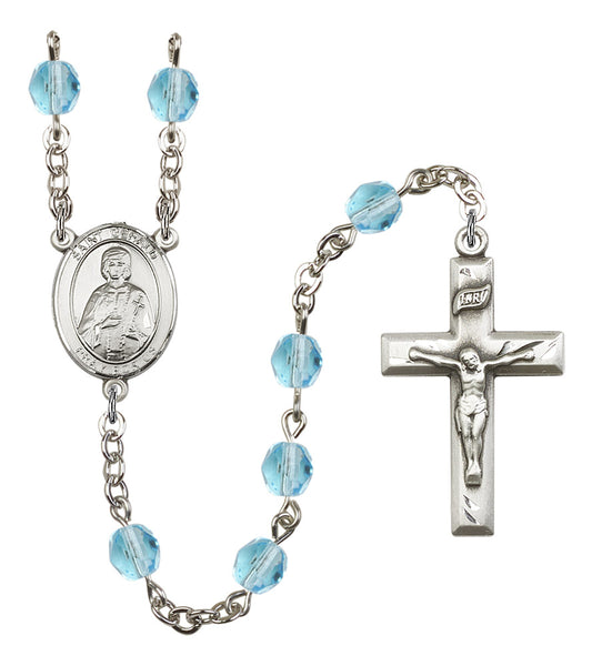 St. Gerald Rosary, 6mm Fire Polished Aqua Beads, Silver Plate, # 16108