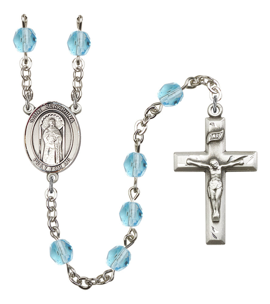 St. Seraphina Rosary, 6mm Fire Polished Aqua Beads, Silver Plate, # 16109