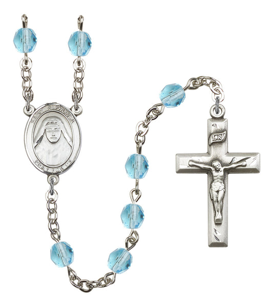 St. Alphonsa of India Rosary, 6mm Fire Polished Aqua Beads, Silver Plate, # 16110