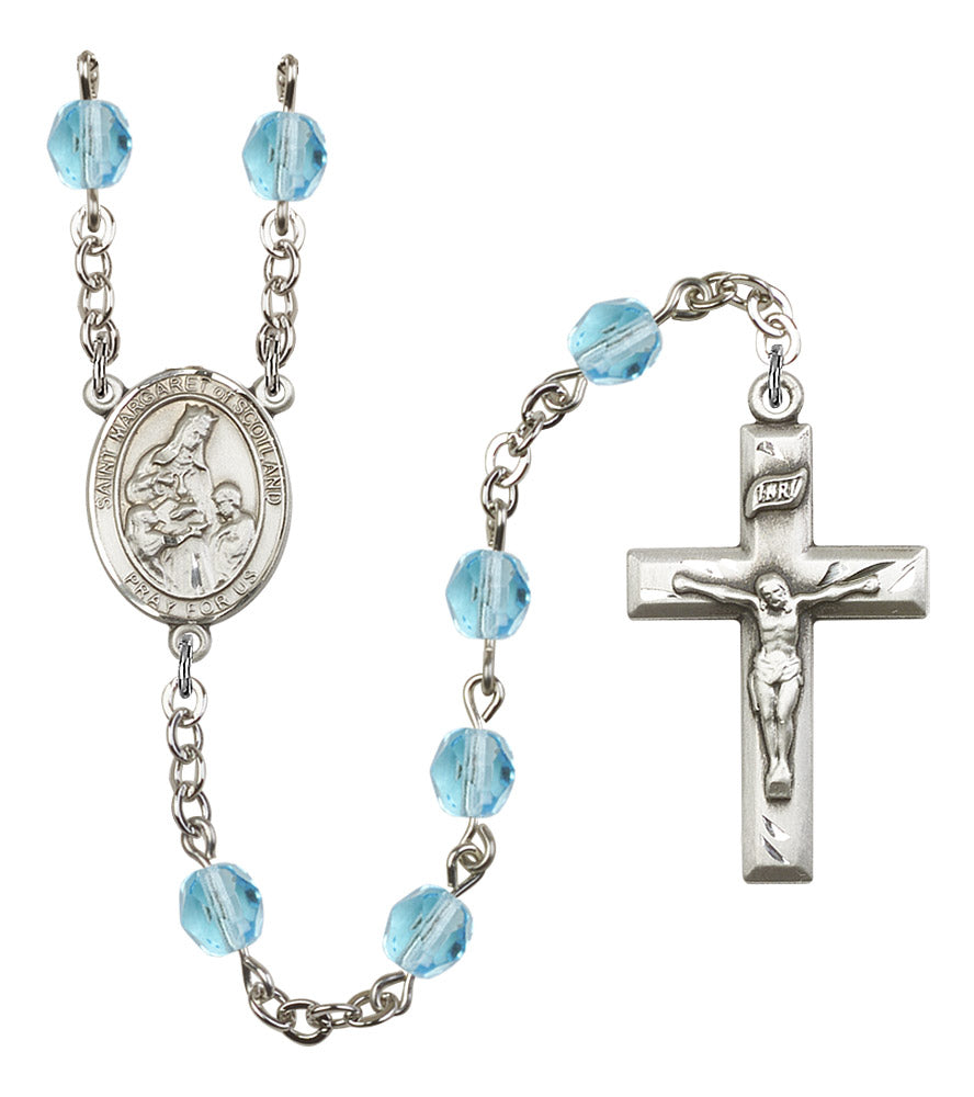 St. Margaret of Scotland Rosary, 6mm Fire Polished Aqua Beads, Silver Plate, # 16111