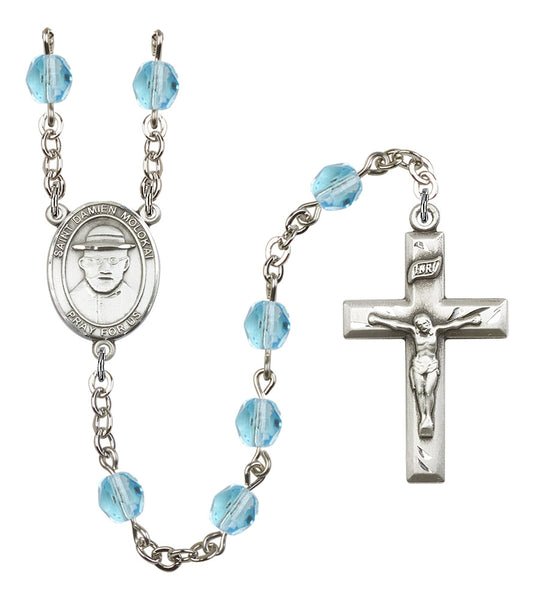 St. Damien of Molokai Rosary, 6mm Fire Polished Aqua Beads, Silver Plate, # 16121
