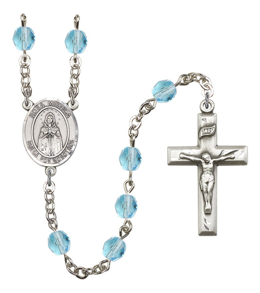 Our Lady of Rosa Mystica Spanish Rosary, 6mm Fire Polished Aqua Beads, Silver Plate, # 16129
