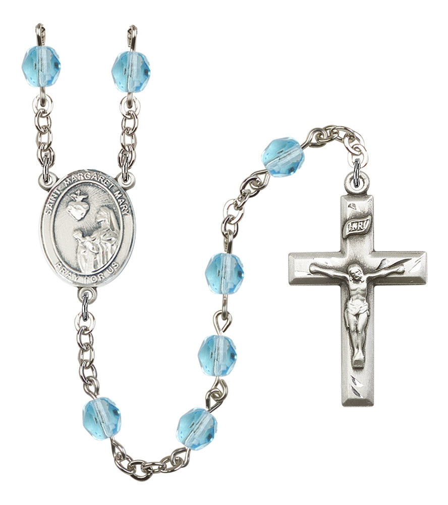 St. Margaret Mary Alacoque Rosary, 6mm Fire Polished Aqua Beads, Silver Plate, # 16146