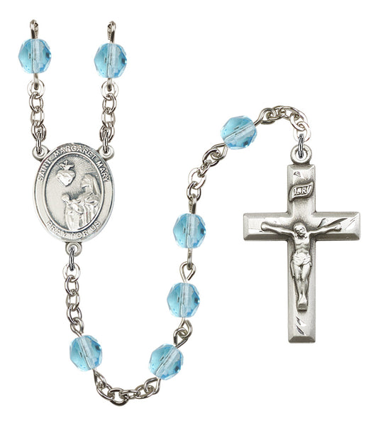 St. Margaret Mary Alacoque Rosary, 6mm Fire Polished Aqua Beads, Silver Plate, # 16146
