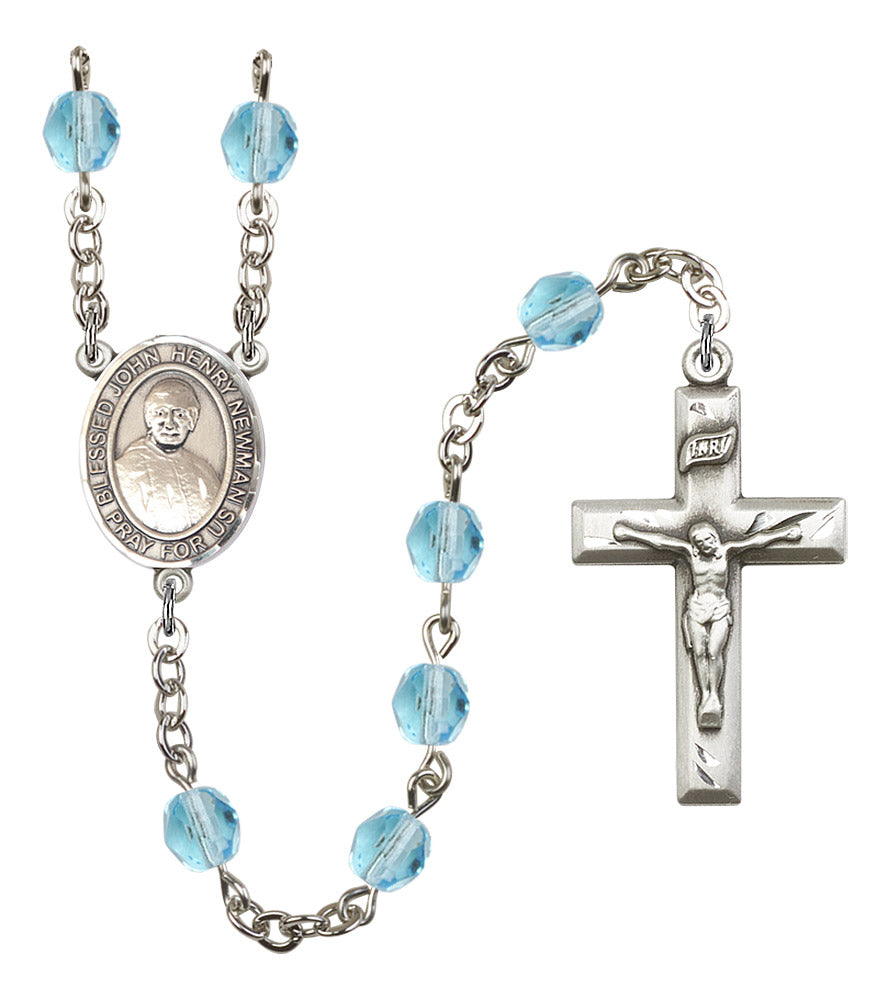 Blessed John Henry Newman Rosary, 6mm Fire Polished Aqua Beads, Silver Plate, # 16149