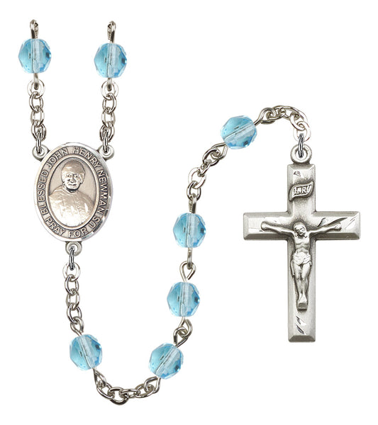 Blessed John Henry Newman Rosary, 6mm Fire Polished Aqua Beads, Silver Plate, # 16149
