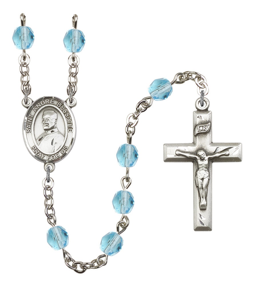 St. Andre Bessette Rosary, 6mm Fire Polished Aqua Beads, Silver Plate, # 16150