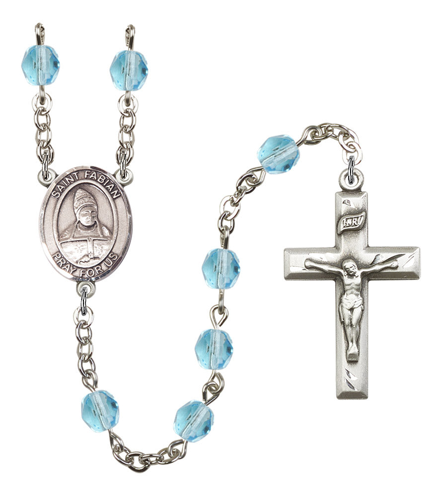 St. Fabian Rosary, 6mm Fire Polished Aqua Beads, Silver Plate, # 16153