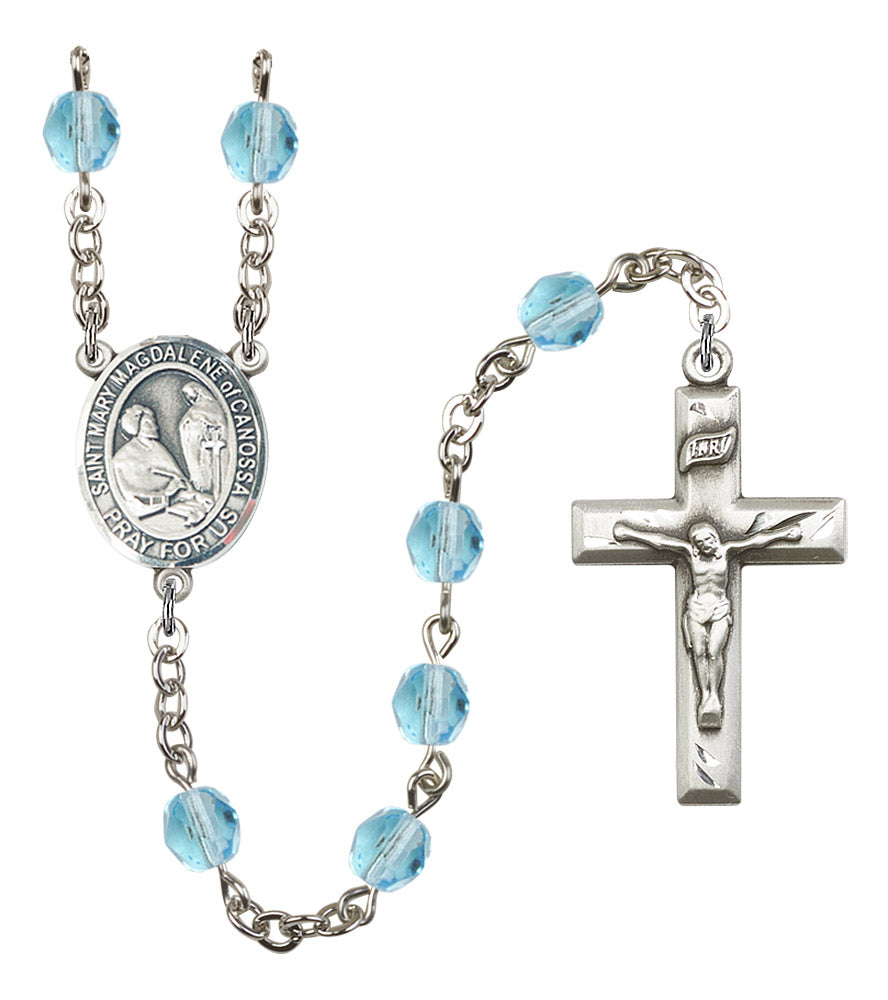 St. Mary Magdalene of Canossa Rosary, 6mm Fire Polished Aqua Beads, Silver Plate, # 16155