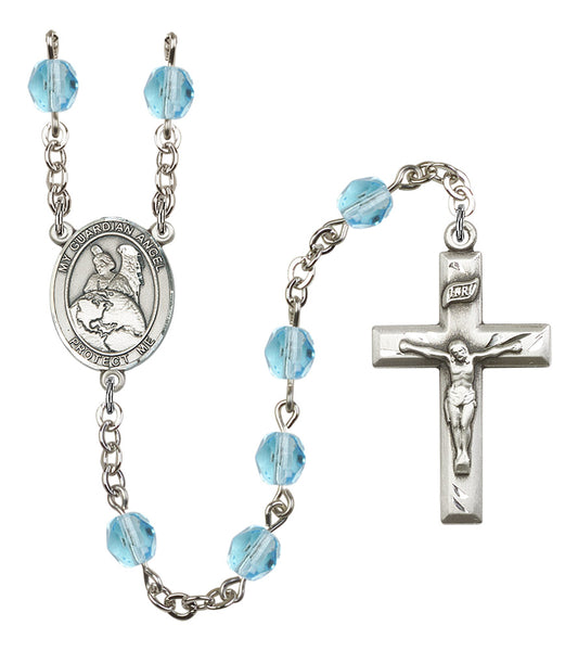 Guardian Angel Protector Rosary, 6mm Fire Polished Aqua Beads, Silver Plate, # 16165