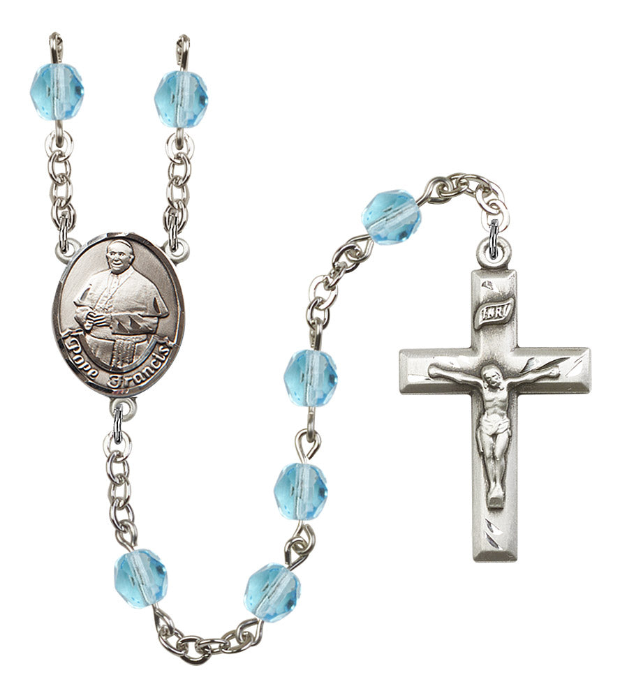 Pope Francis Rosary, 6mm Fire Polished Aqua Beads, Silver Plate, # 16193