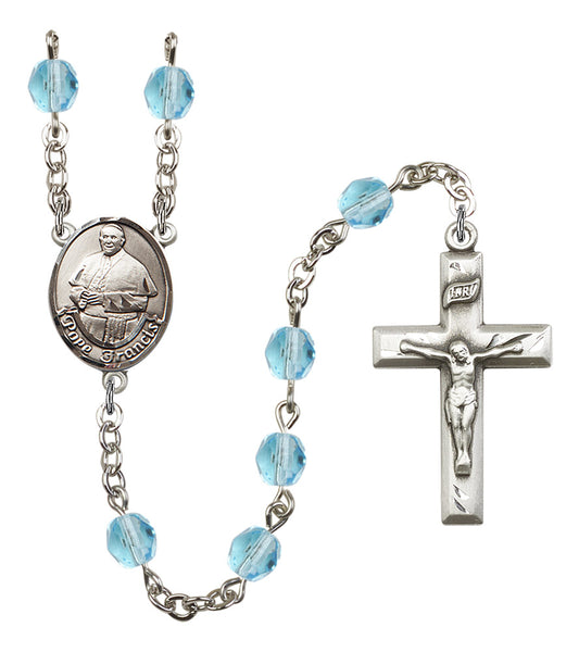 Pope Francis Rosary, 6mm Fire Polished Aqua Beads, Silver Plate, # 16193