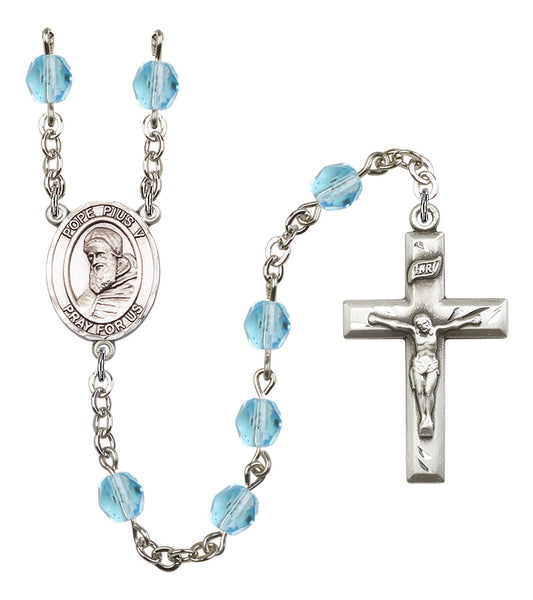Pope Pius V Rosary, 6mm Fire Polished Aqua Beads, Silver Plate, # 16195