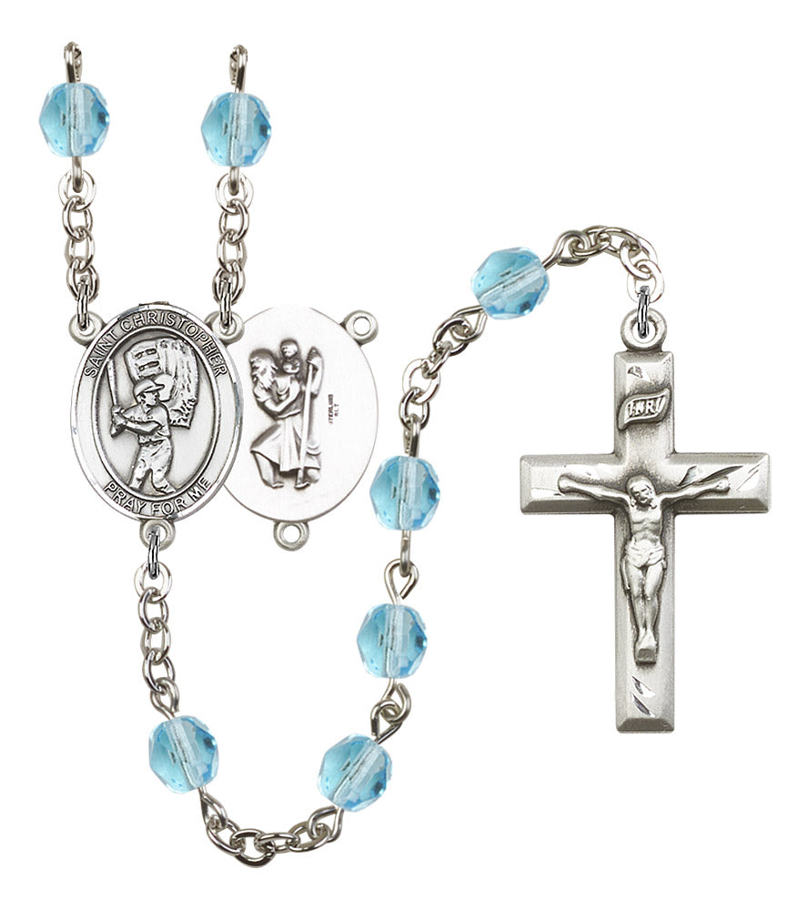 St. Christopher / Baseball Rosary, 6mm Fire Polished Aqua Beads, Silver Plate, # 16203