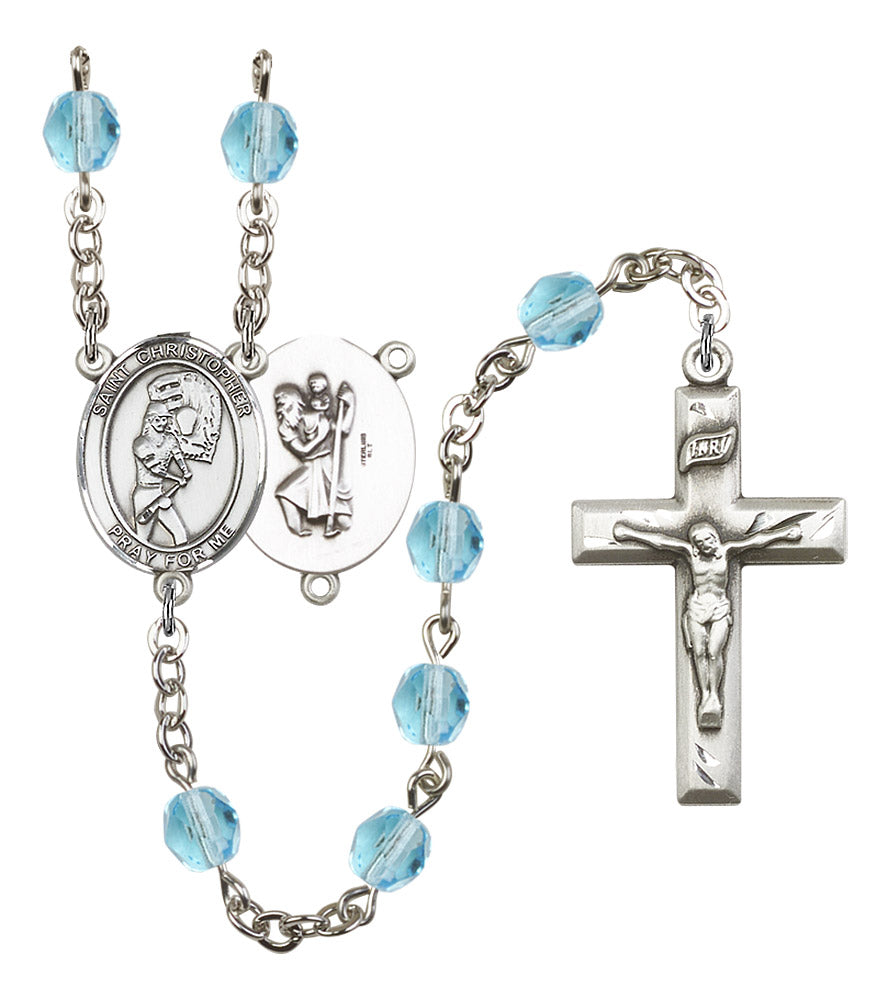 St. Christopher / Softball Rosary, 6mm Fire Polished Aqua Beads, Silver Plate, # 16214
