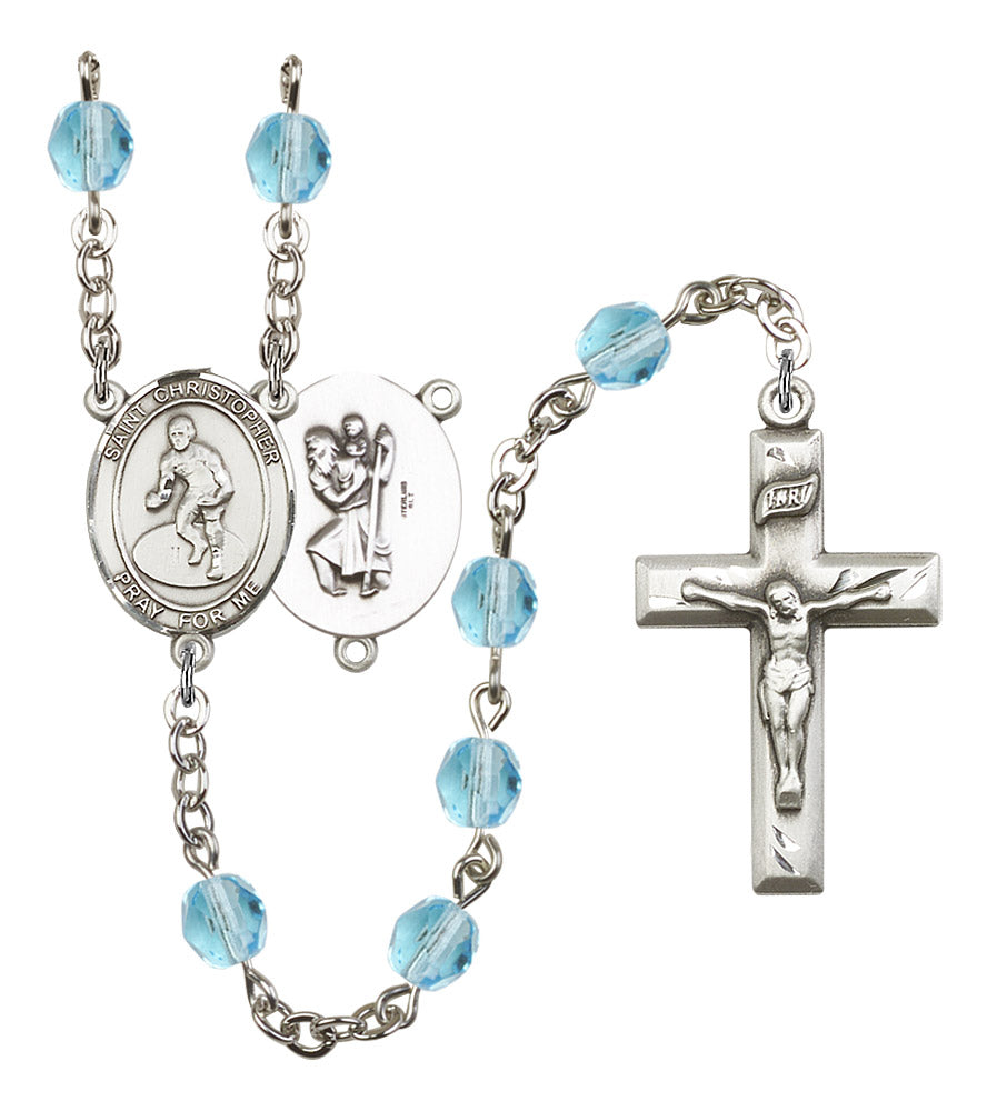 St. Christopher / Wrestling Rosary, 6mm Fire Polished Aqua Beads, Silver Plate, # 16215