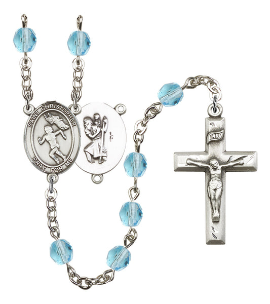 St. Christopher / Women's Track & Field Rosary, 6mm Fire Polished Aqua Beads, Silver Plate, # 16217