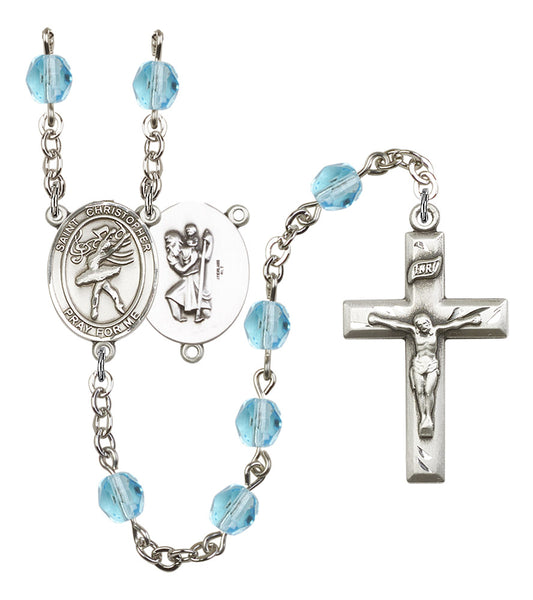 St. Christopher / Dance Rosary, 6mm Fire Polished Aqua Beads, Silver Plate, # 16219