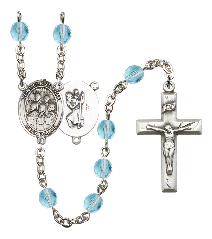 St. Christopher / Choir Rosary, 6mm Fire Polished Aqua Beads, Silver Plate, # 16221