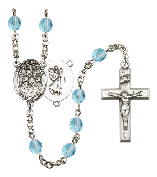St. Christopher / Choir Rosary, 6mm Fire Polished Aqua Beads, Silver Plate, # 16221