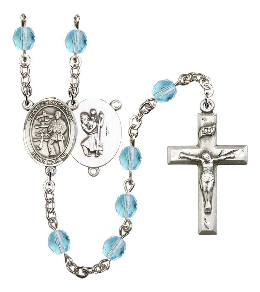 St. Christopher / Karate Rosary, 6mm Fire Polished Aqua Beads, Silver Plate, # 16222