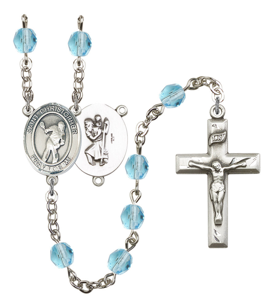 St. Christopher / Lacrosse Rosary, 6mm Fire Polished Aqua Beads, Silver Plate, # 16223