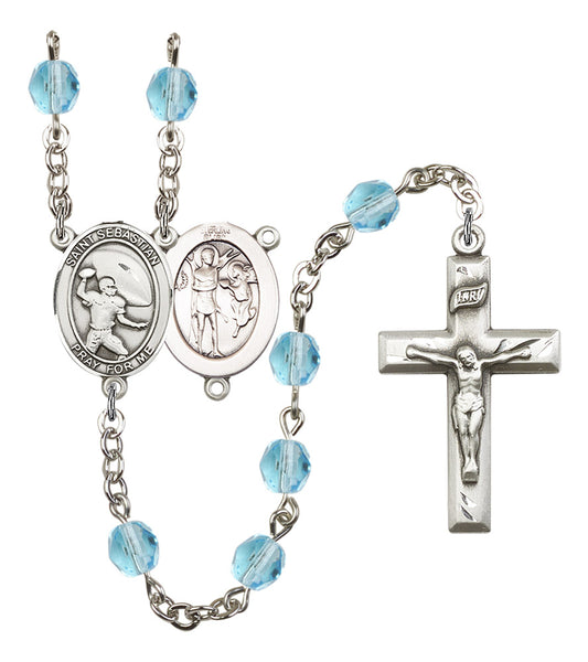 St. Sebastian / Football Rosary, 6mm Fire Polished Aqua Beads, Silver Plate, # 16225